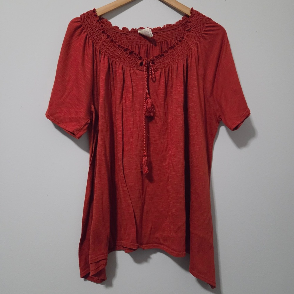 Faded Glory Womens Rust Red Smocked Peasant Top Tassel Sharkbite Hem 3X‎ 22W-24W